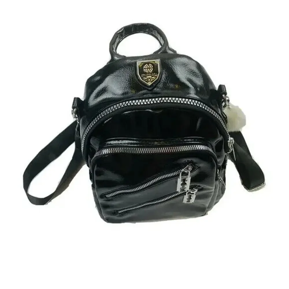 Multifunctional PU Leather Small Backpack - Black & Silver